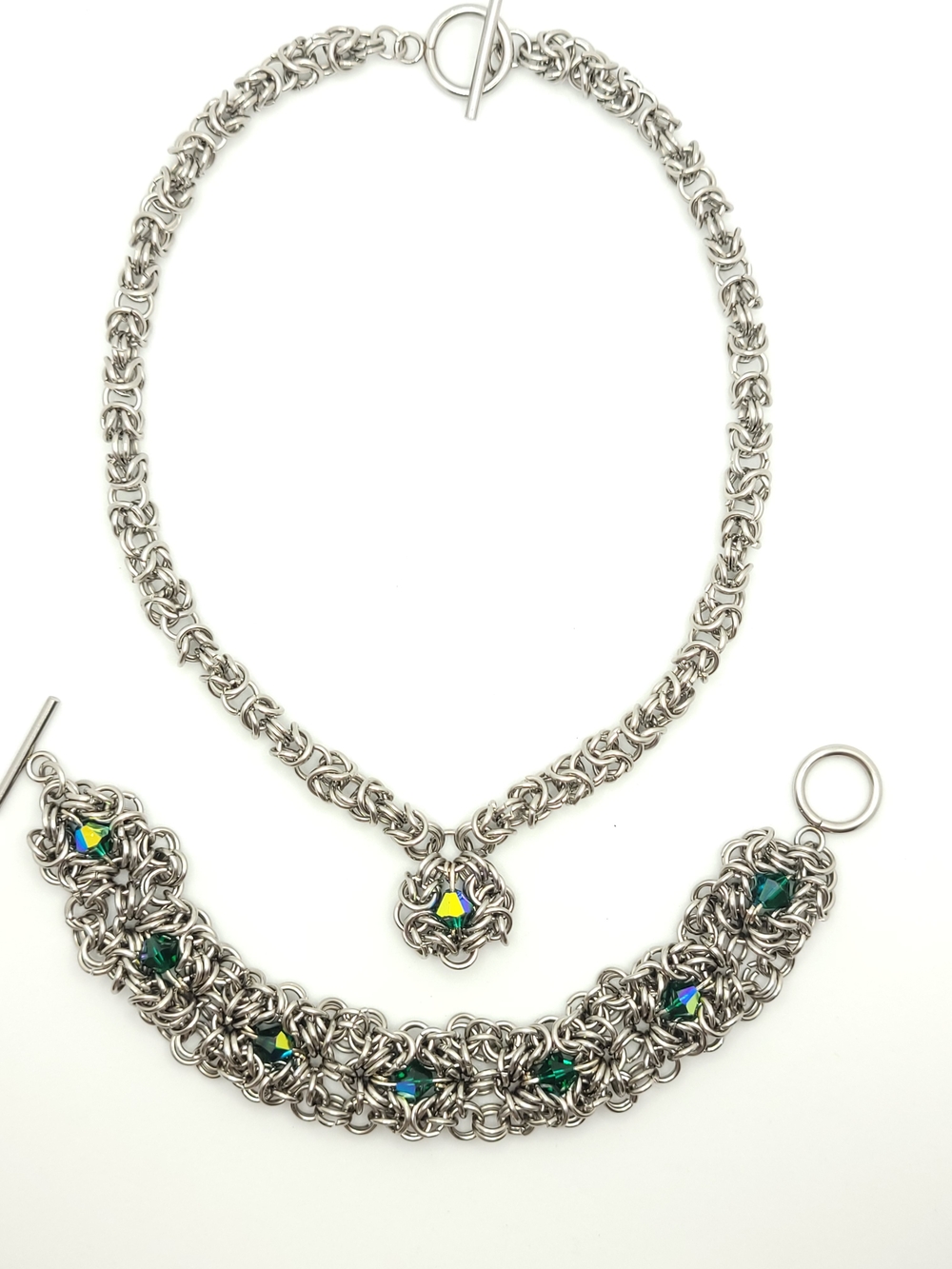 Handmade Chainmaille Set In Stainless Steel And Preciosa Crystals